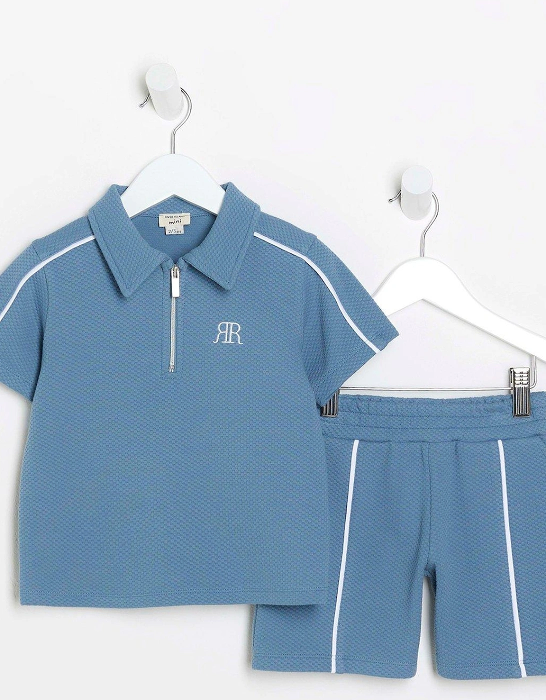 Mini Boys Textured Polo And Shorts Set - Blue, 6 of 5