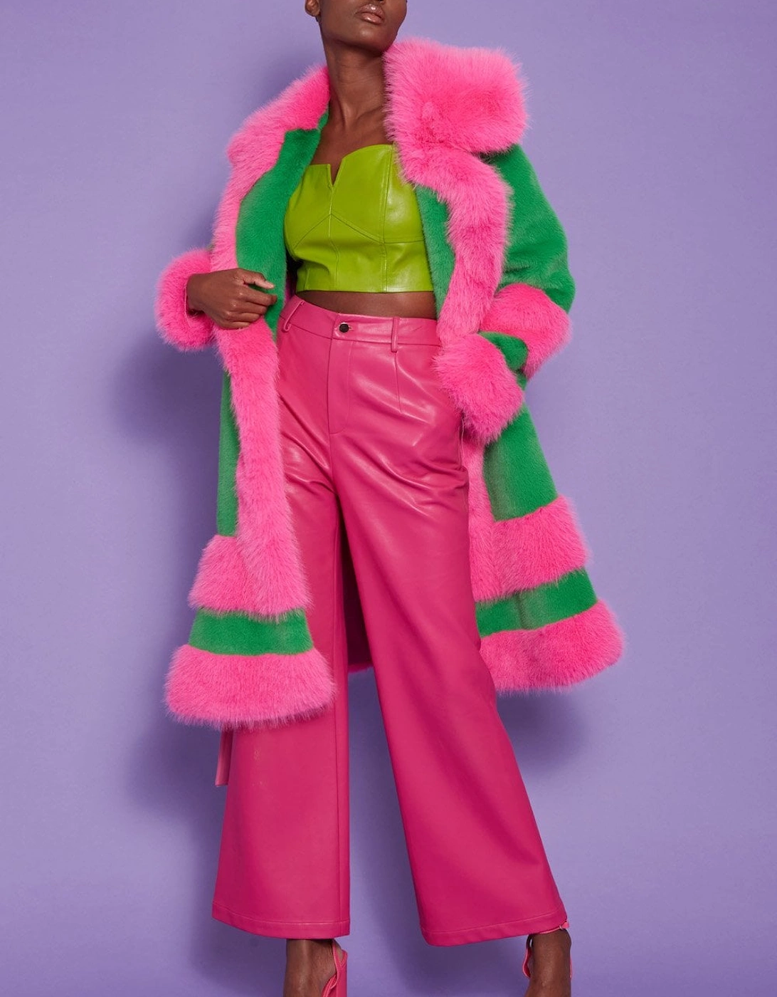 Green and Pink Handmade Bamboo Faux Fur Coat