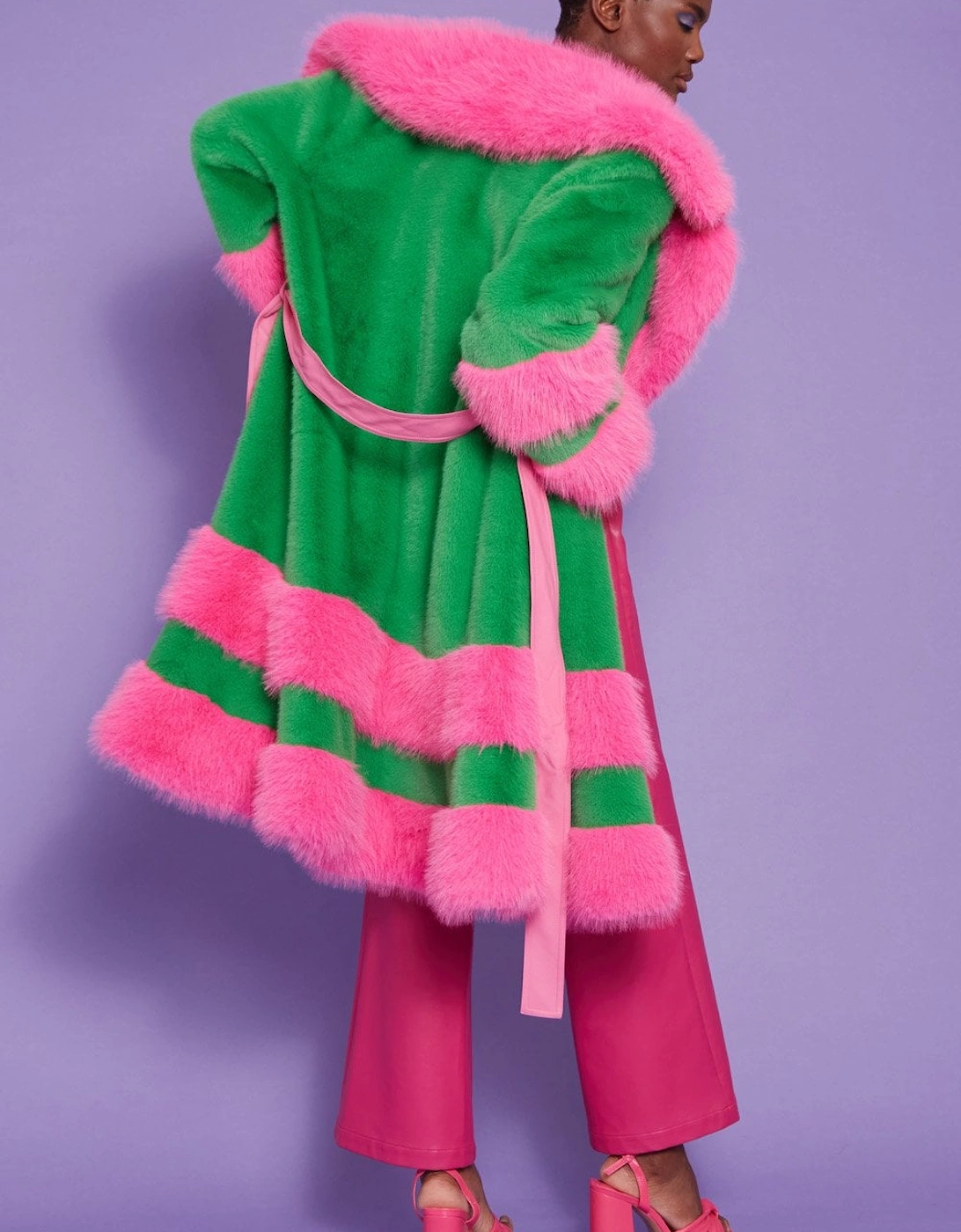 Green and Pink Handmade Bamboo Faux Fur Coat