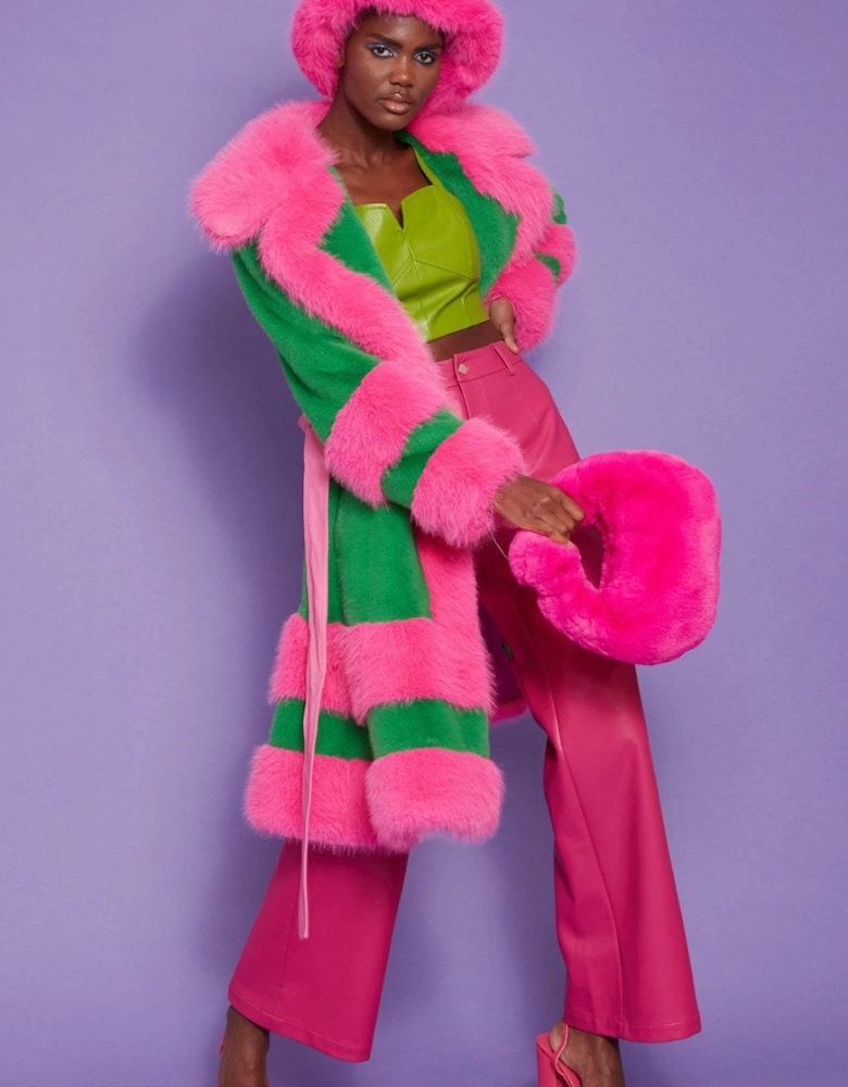 Green and Pink Handmade Bamboo Faux Fur Coat