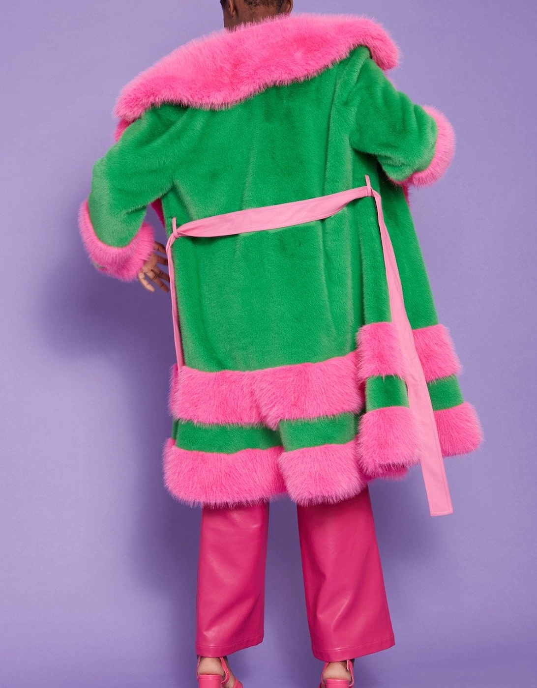 Green and Pink Handmade Bamboo Faux Fur Coat