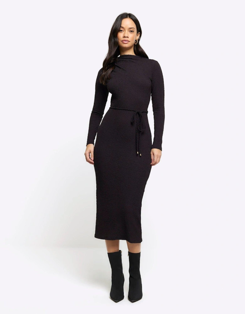 Textured Belted Drape Midi Dress - Black