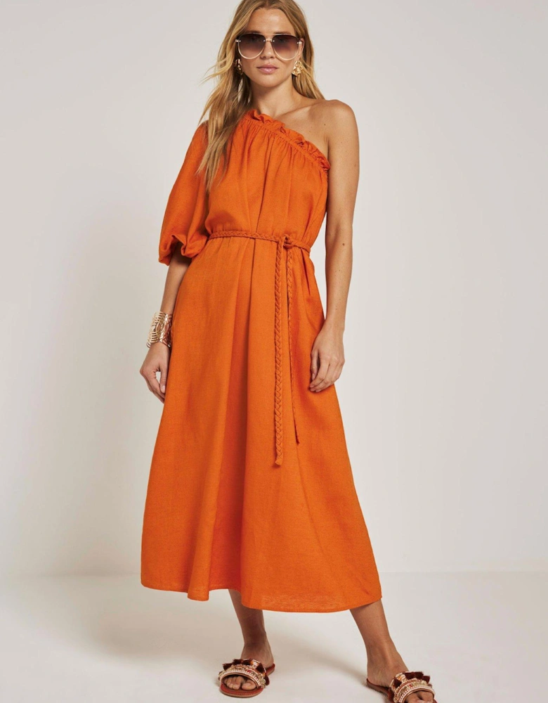 One Shoulder Linen Maxi Dress - Rust