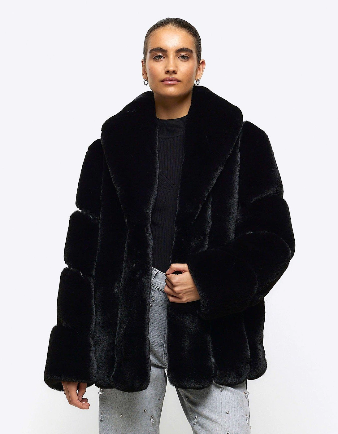 Panelled Faux Fur Coat - Black, 6 of 5
