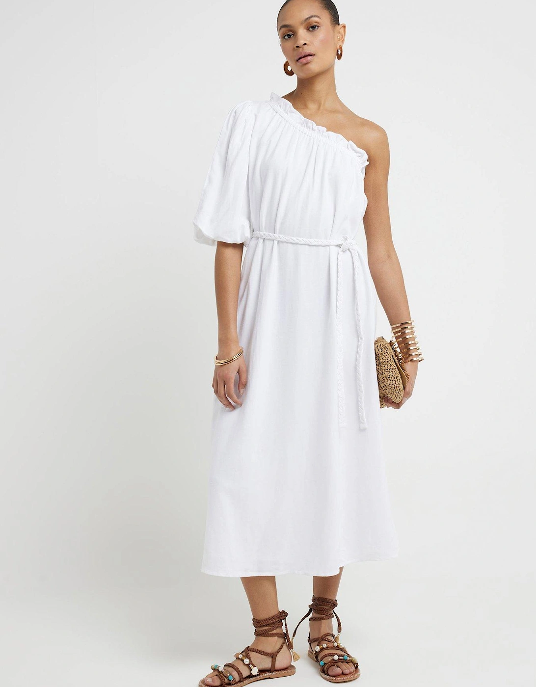 Linen One Shoulder Maxi Dress - White, 6 of 5