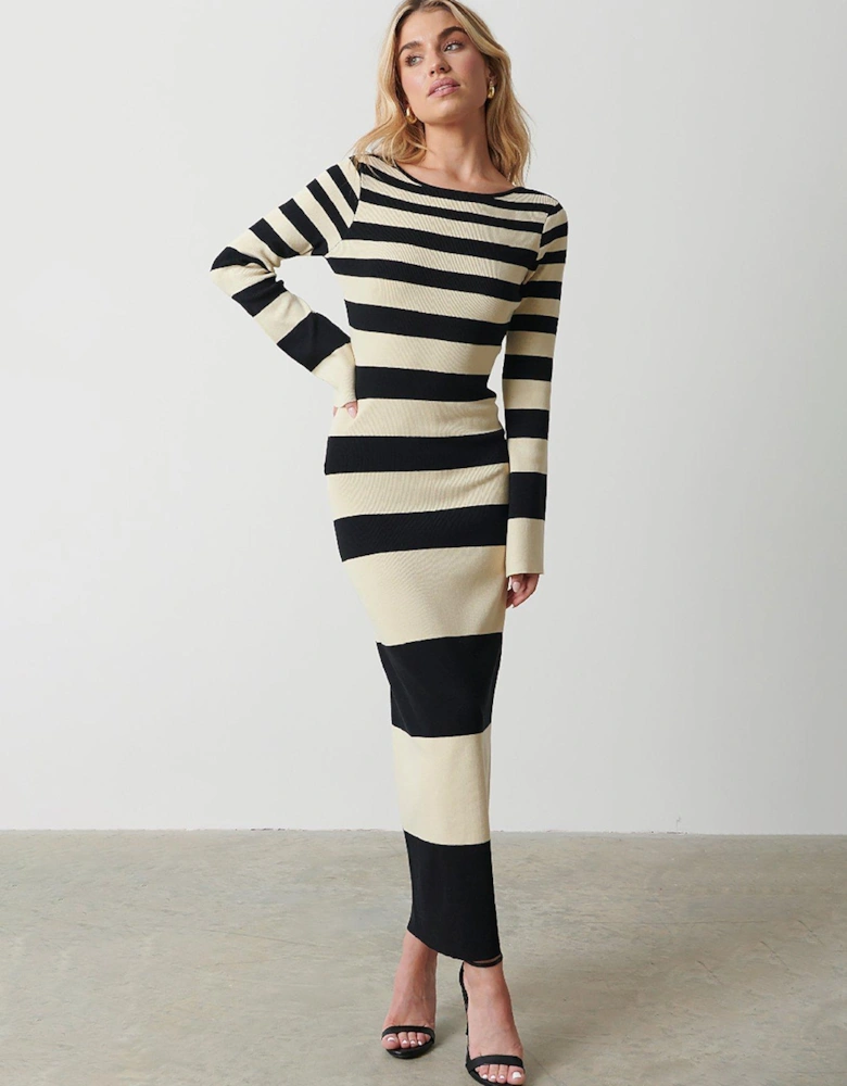 Mila Striped Slash Neck Midaxi Dress - Black/Beige