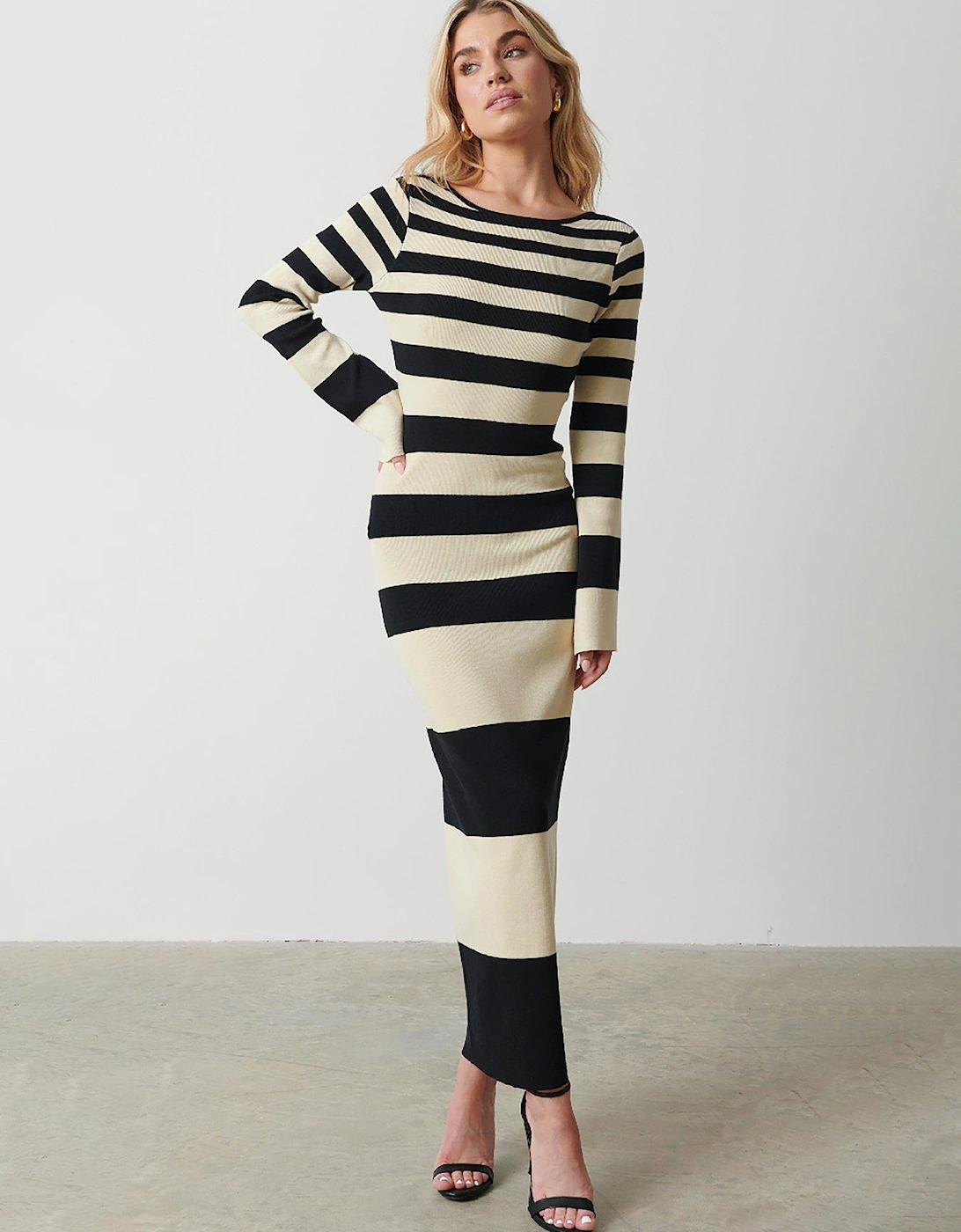Mila Striped Slash Neck Midaxi Dress - Black/Beige