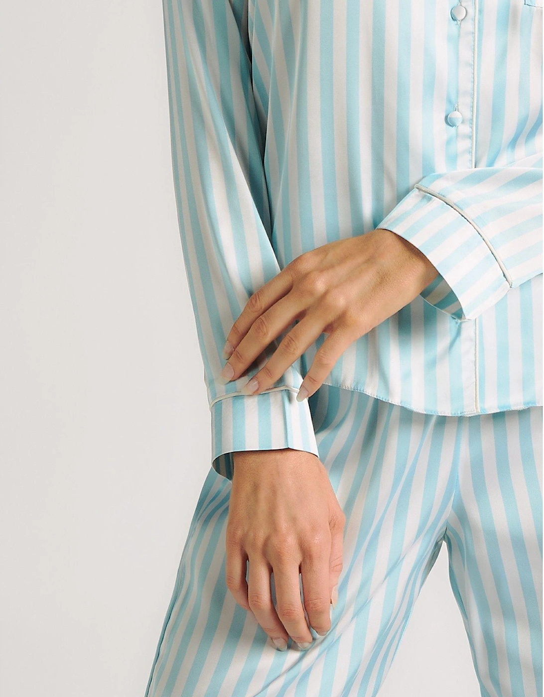 Duck Egg Stripe Long Revere Pyjama Set - Blue