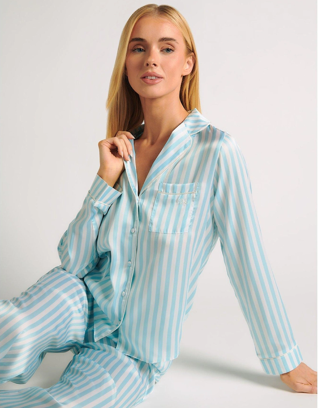 Duck Egg Stripe Long Revere Pyjama Set - Blue