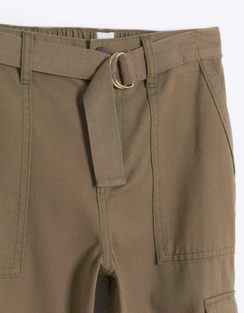Girls Herringbone Belted Cargo Trousers - Khaki