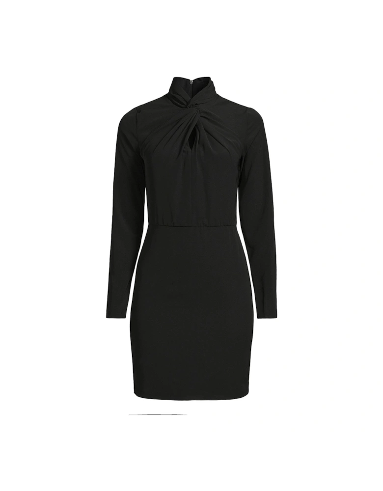 Twist Neck Long Sleeve Mini Dress - Black 