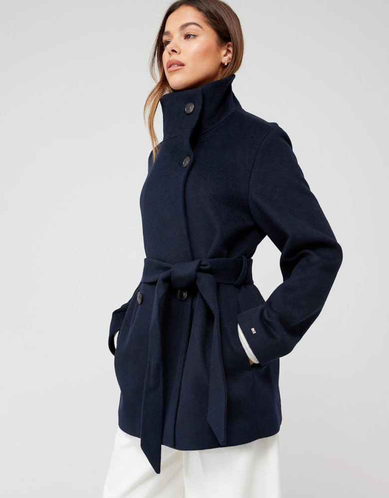 Wool Blend Double Breasted Funnel Neck Coat - Blue