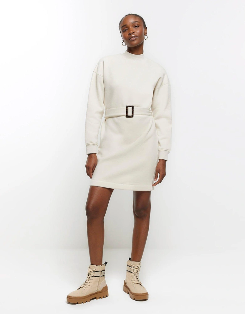 Belted Sweatshirt Dress - Cream