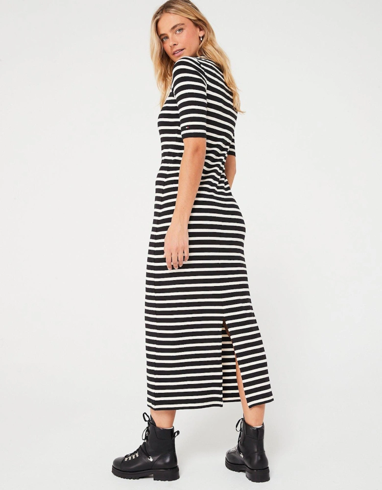 Ribbed Stripe Short Sleeve Midi Dress - Black