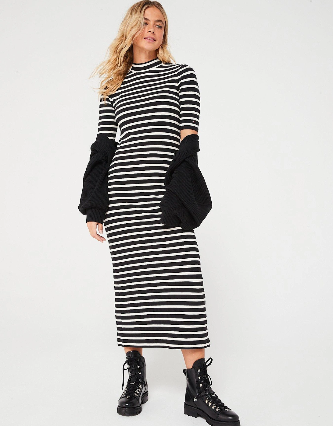 Ribbed Stripe Short Sleeve Midi Dress - Black