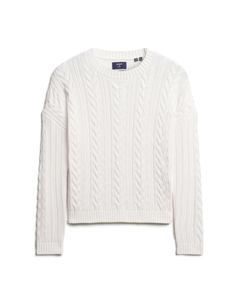 Dropped Shoulder Cable Crew Neck Jumper - White