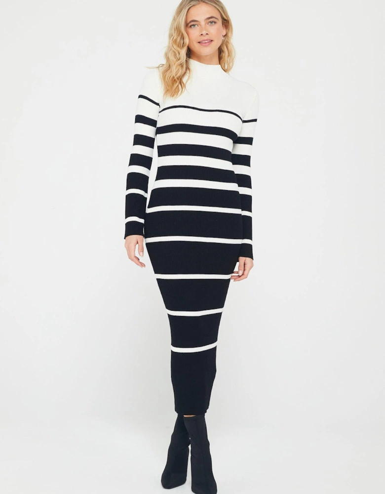 High Neck Stripe Knitted Midi Dress - Black and Ivory