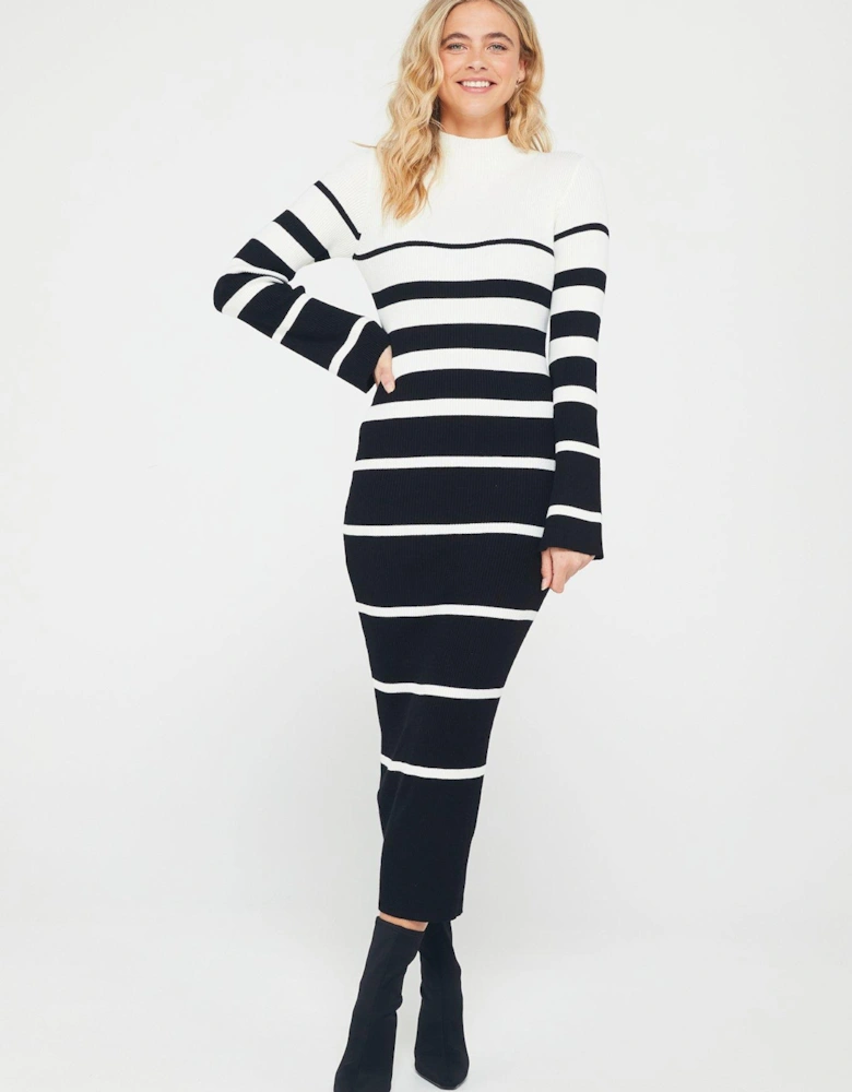 High Neck Stripe Knitted Midi Dress - Black and Ivory