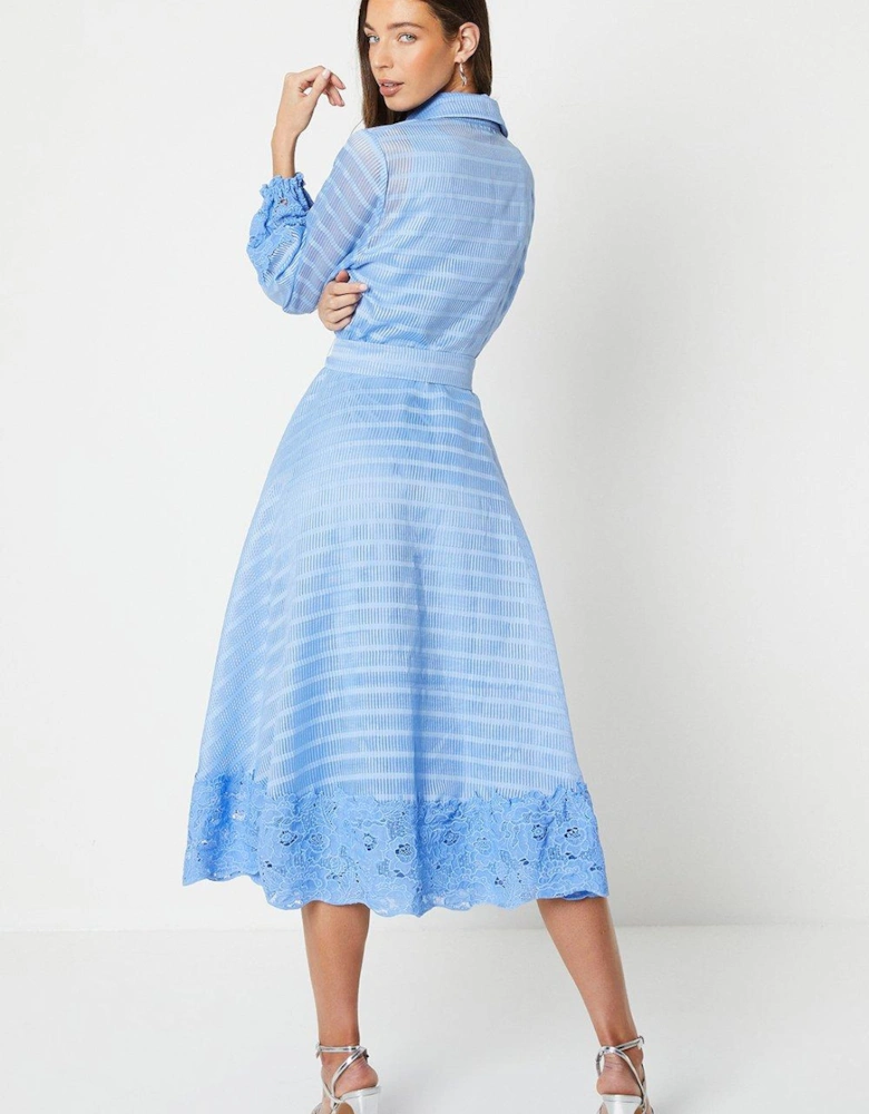 Lace And Stripe Organza Belted Shirt Dress With 3/4 Sleeve