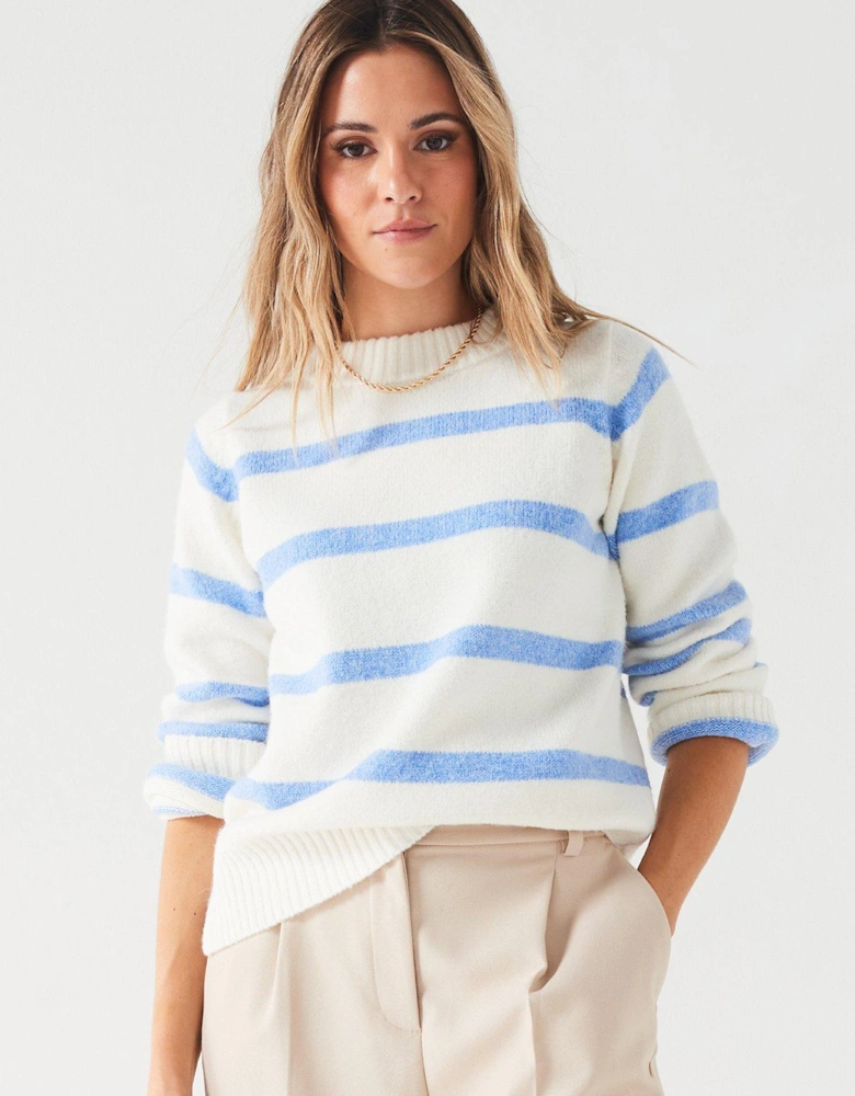 Crew Neck Stripe Knitted Jumper - Blue and Ivory