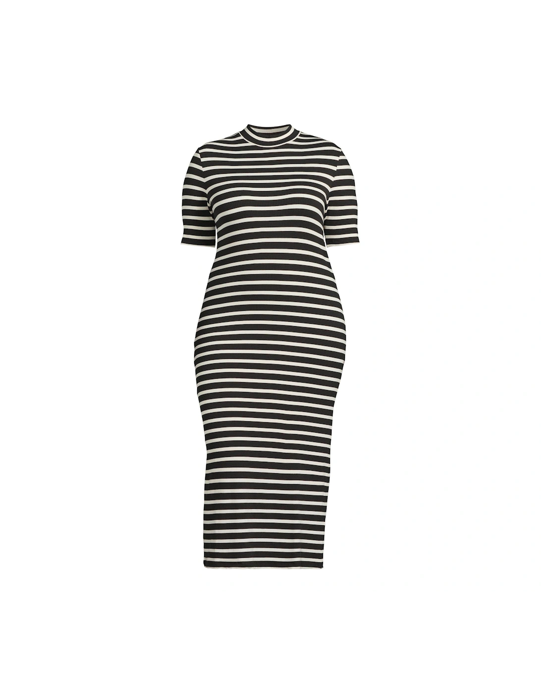Curve Ribbed Stripe Short-Sleeve Midi Dress - Black
