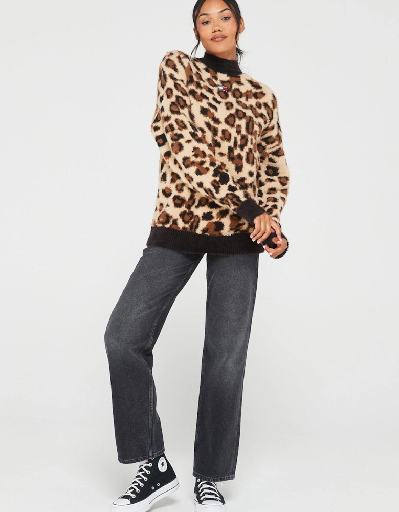 Animal Print Turtleneck Knitted Jumper - Leopard