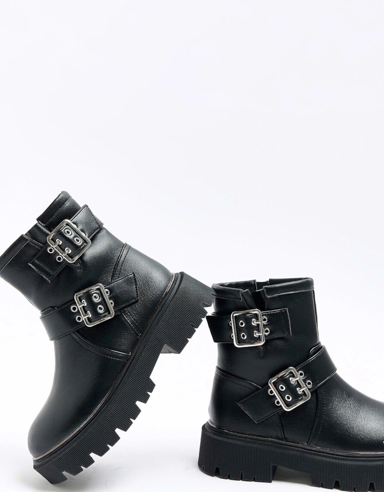 Girls Buckle Chunky Boots - Black
