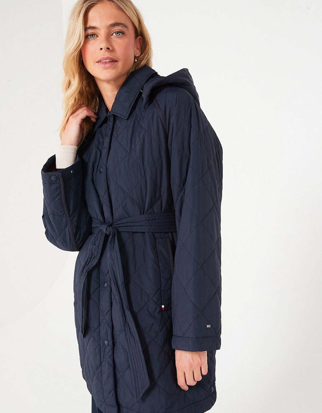Diamond Quilted Lightweight Padded Belted Jacket - Navy