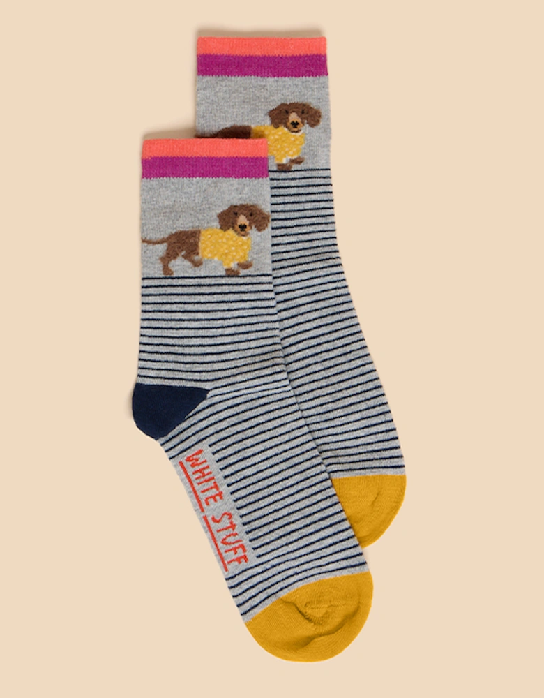 Women's Fluffy Sausage Dog Ankle Sock Grey Multi