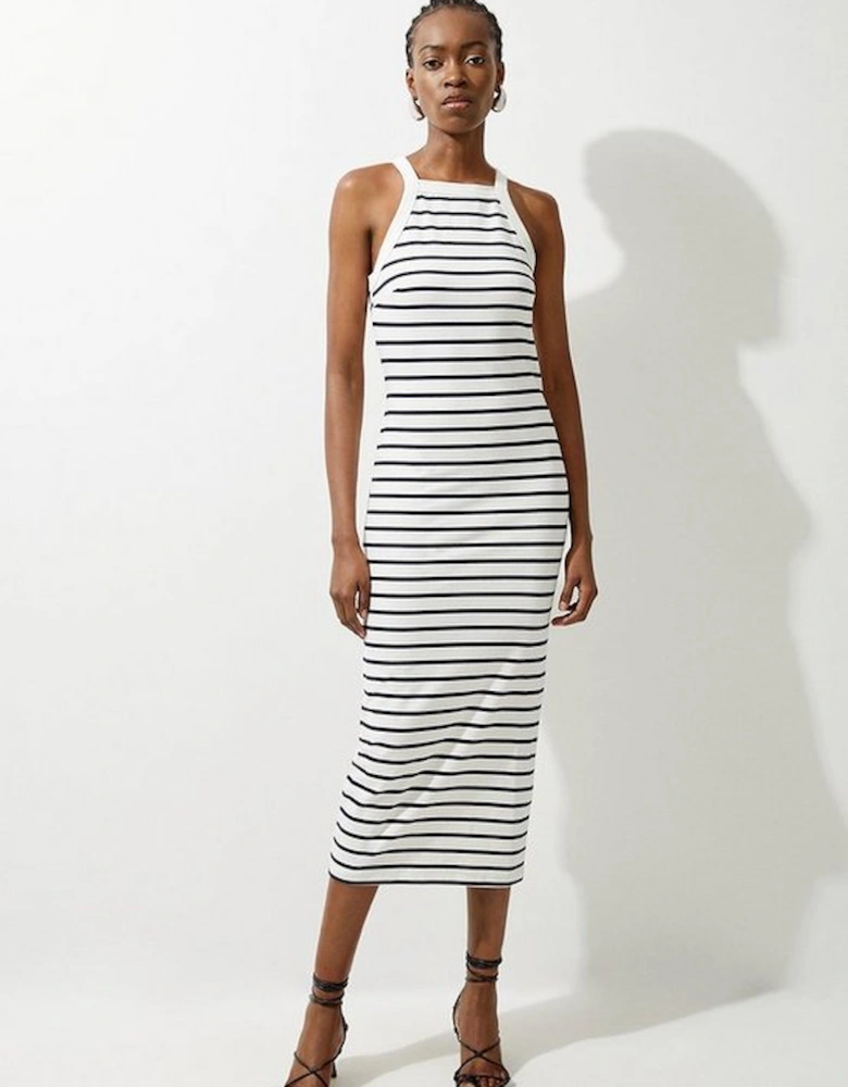 Petite Stripe Stretch Cotton Jersey Halter Midi Dress