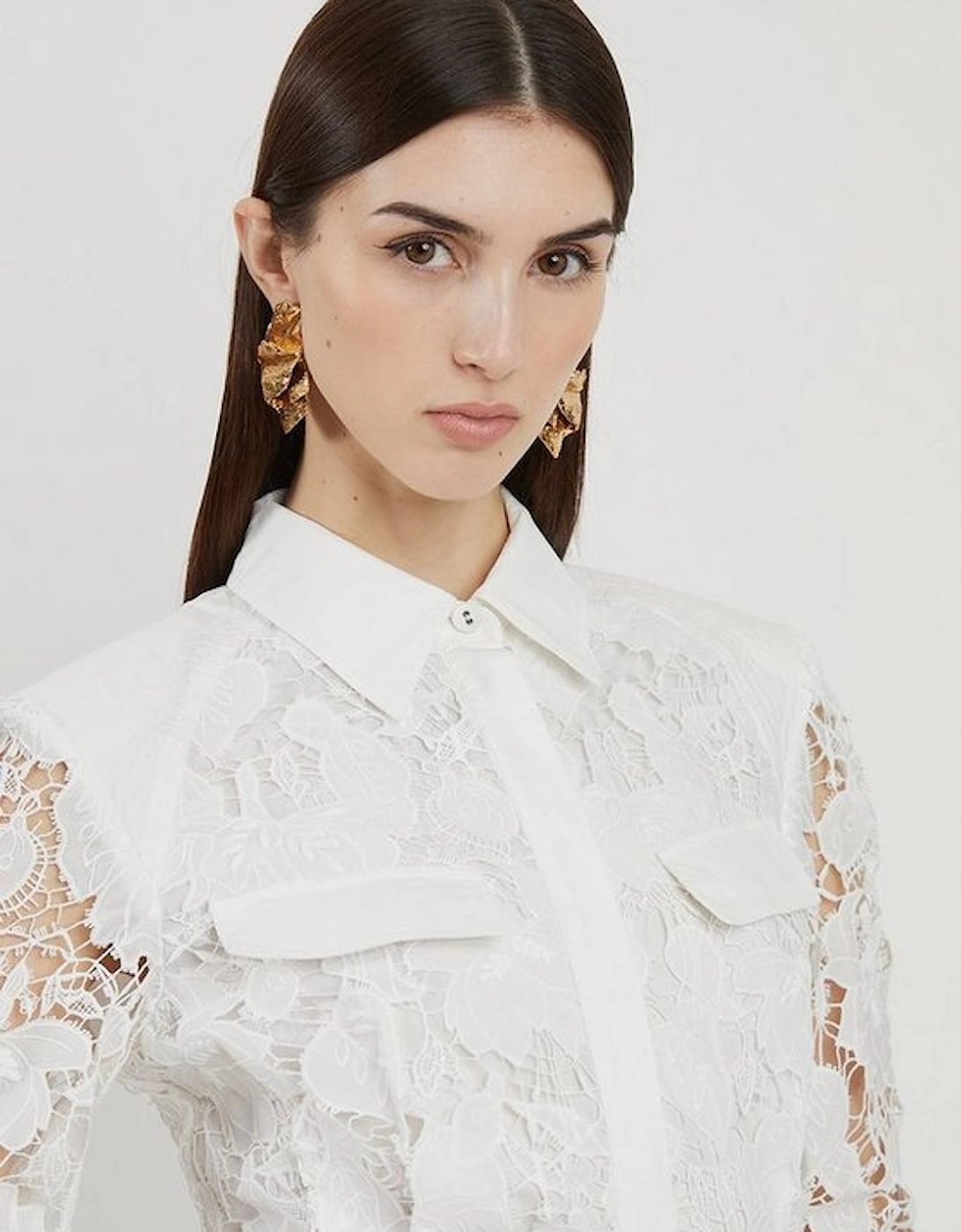 Lace And Embroidered Sharp Shoulder Woven Midi Shirt Dress