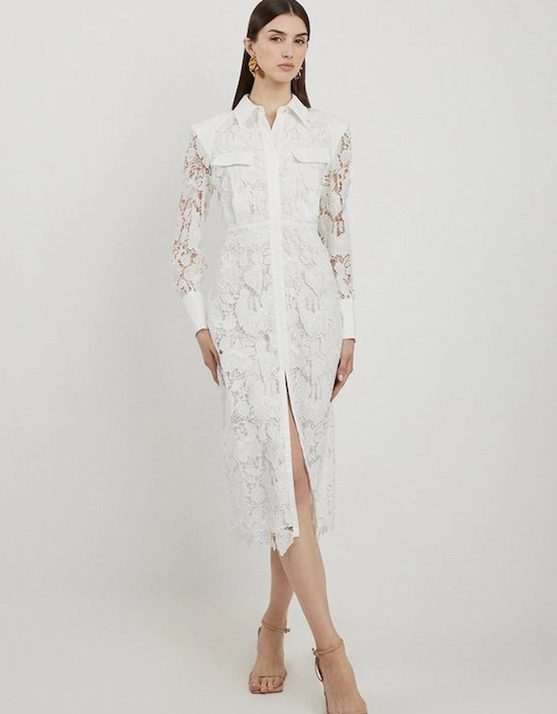 Lace And Embroidered Sharp Shoulder Woven Midi Shirt Dress, 4 of 3