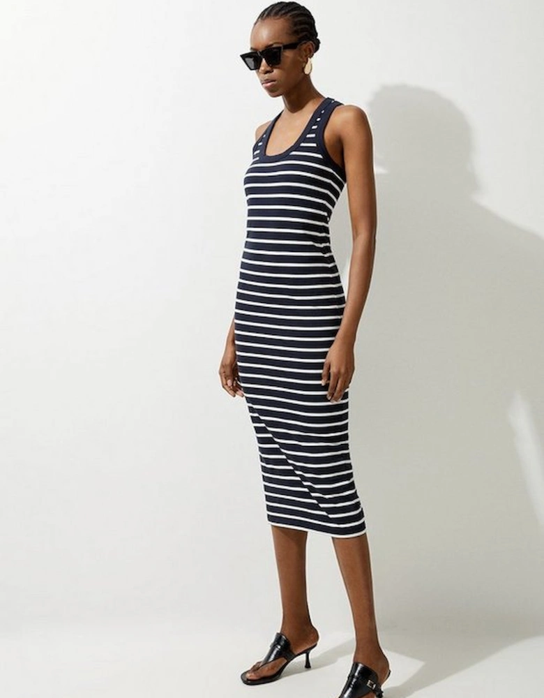 Stripe Stretch Cotton Jersey Racer Back Midi Dress