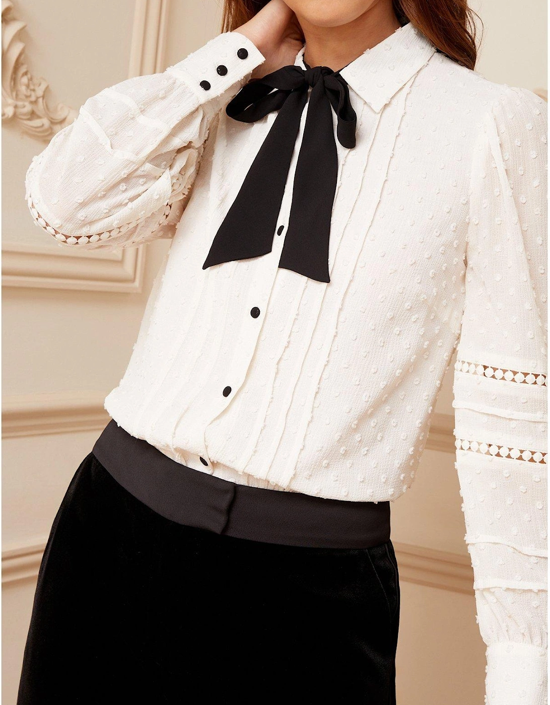 Dobby Contrast Tie Neck Shirt - White