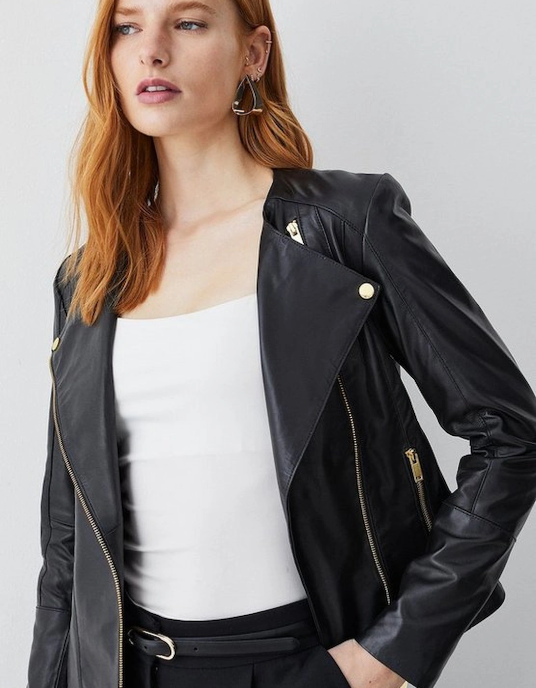 Leather Asymmetric Zip Through Collarless Biker Jacket