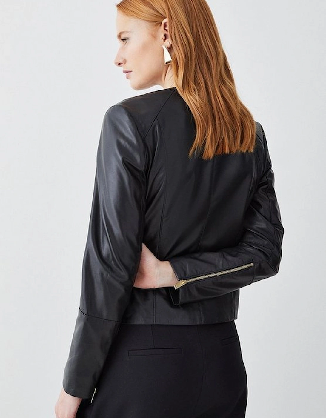 Leather Asymmetric Zip Through Collarless Biker Jacket