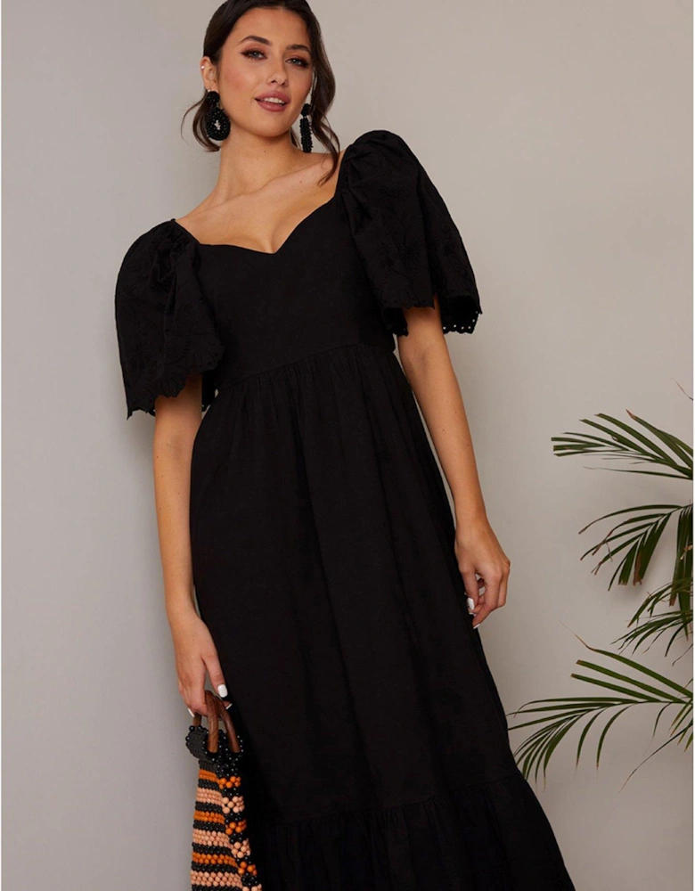 Broderie Sleeve Poplin Maxi Dress - Black