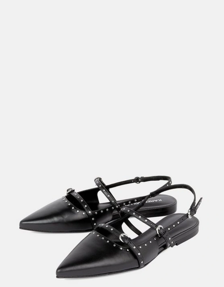 Leather Double Buckle Strap Studded Slingback Pointed Flats