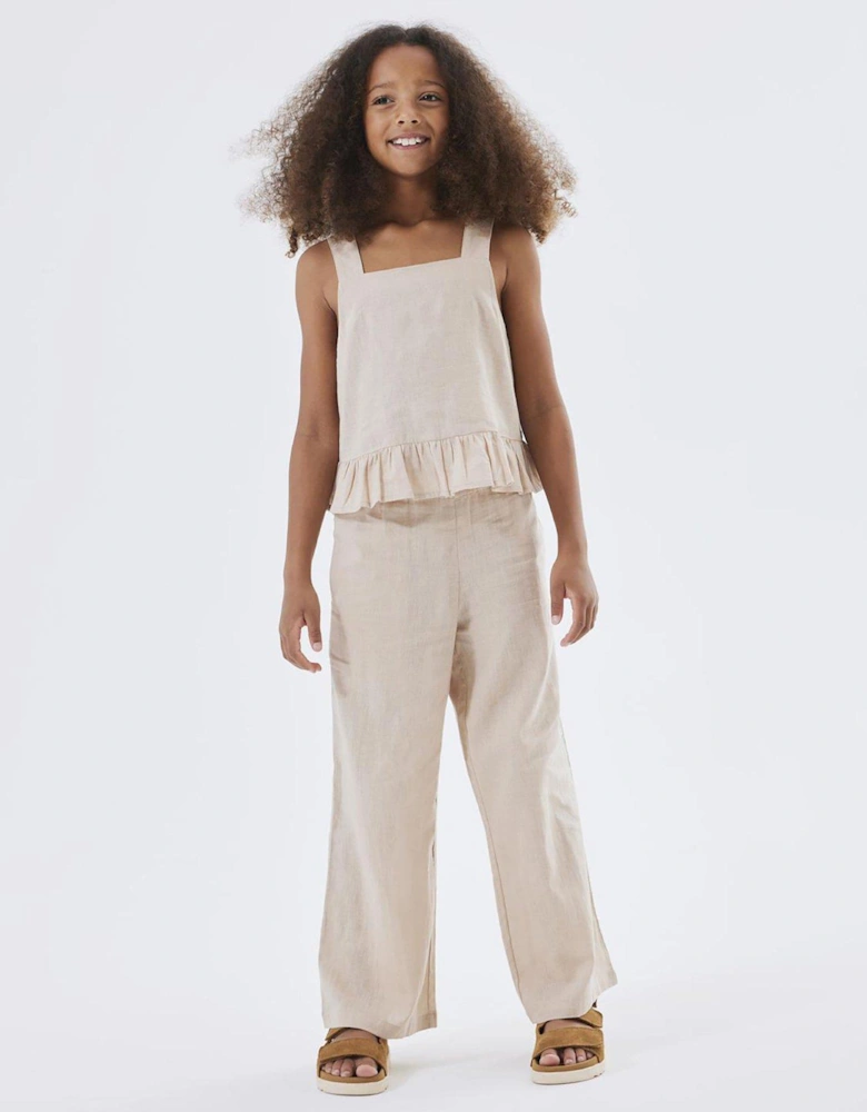 Girls Strappy Linen Co-Ord Top - Humus