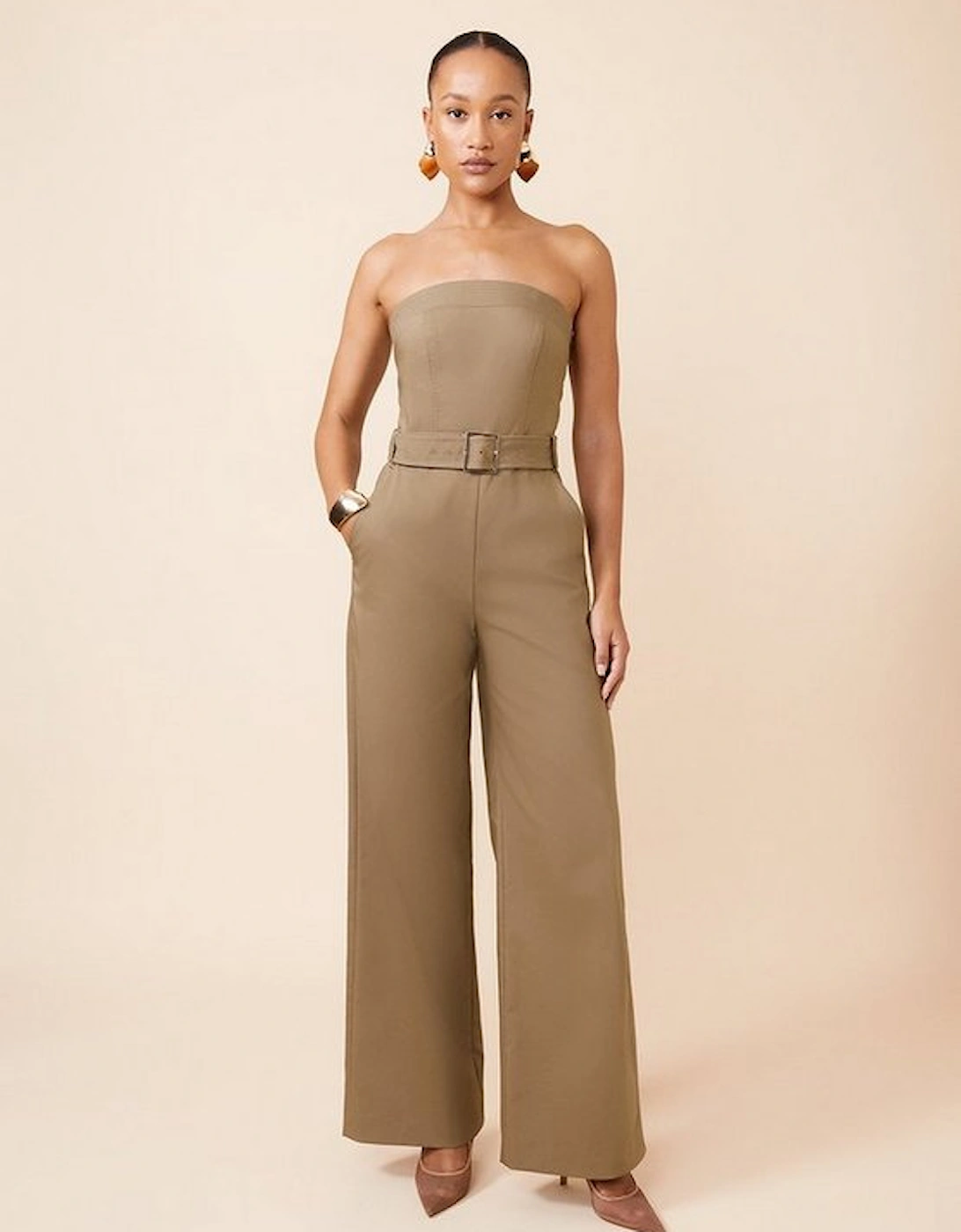 Cotton Sateen Belted Bandeau Tailored Wide Leg Jumpsuit, 5 of 4