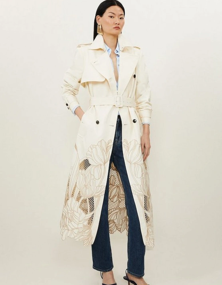Tailored Cutwork Embroidered Belted Trench Coat