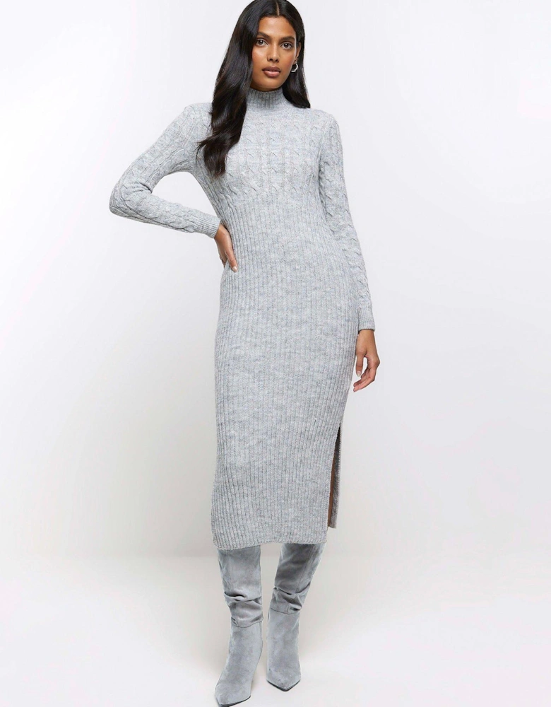 Cable Knit Mix Dress - Light Grey