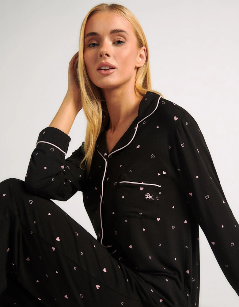 Premium Modal Jersey Ditsy Heart Print Pyjama Set - Black
