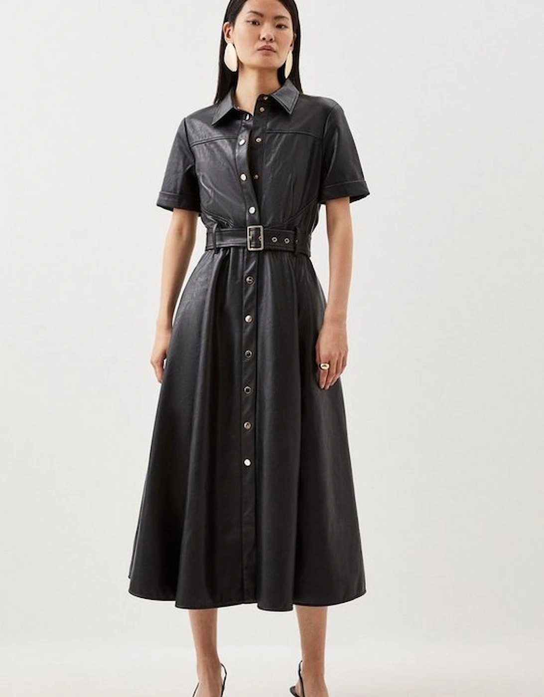 Faux Leather Belted Midi Shirt Dress, 2 of 1