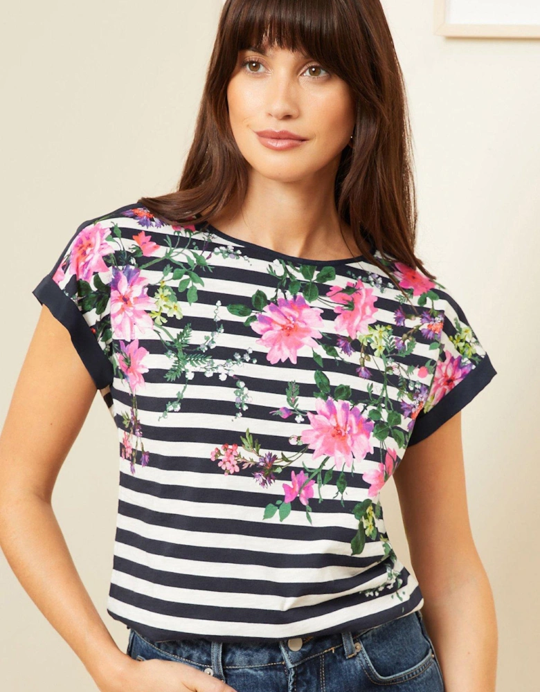 Floral Stripe Print Slub Jersey Crew Neck T-shirt-navy
