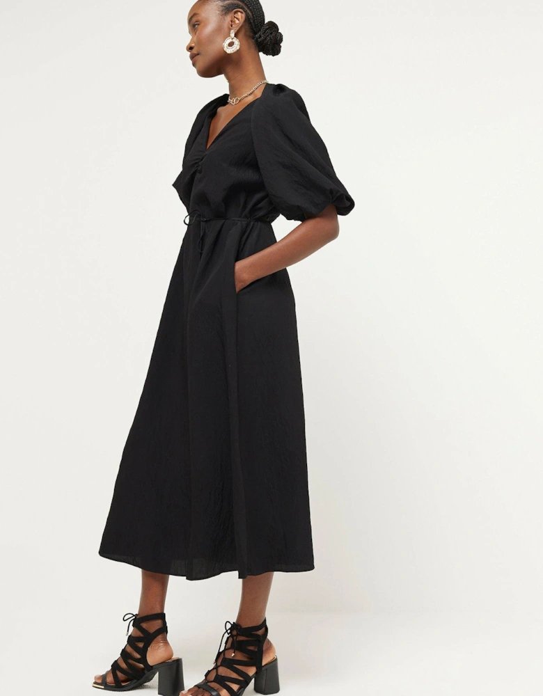 Belted Puff Sleeve Dress - Black