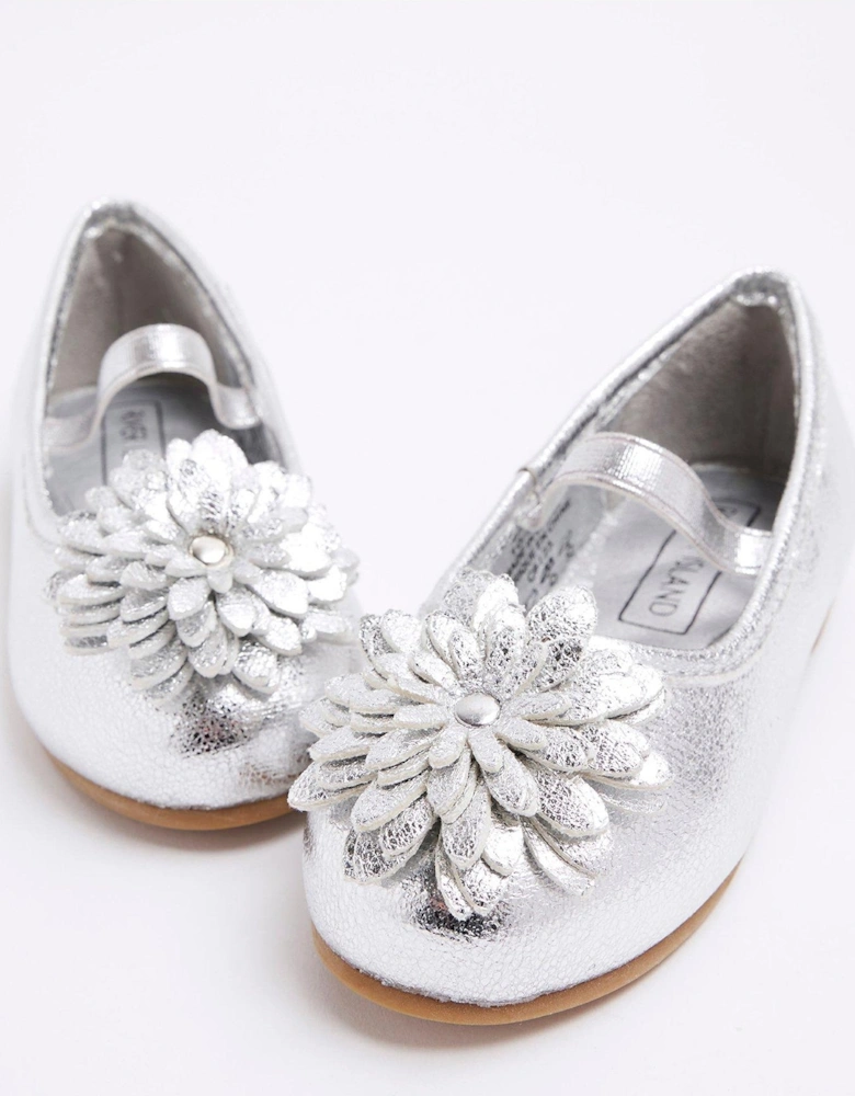 Mini Girls Flower Ballet Pumps - Silver