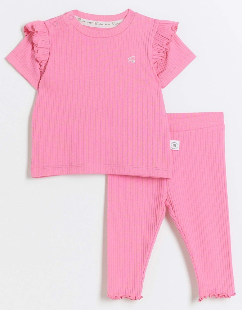 Baby Girls Ribbed Frill T-shirt Set - Pink
