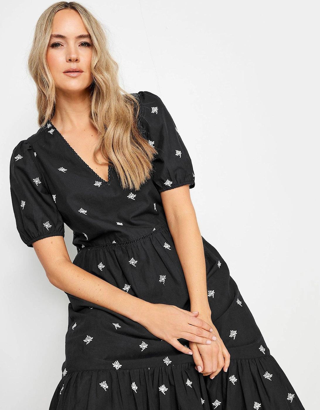Tall Embroidered V Neck Tiered Dress - Black