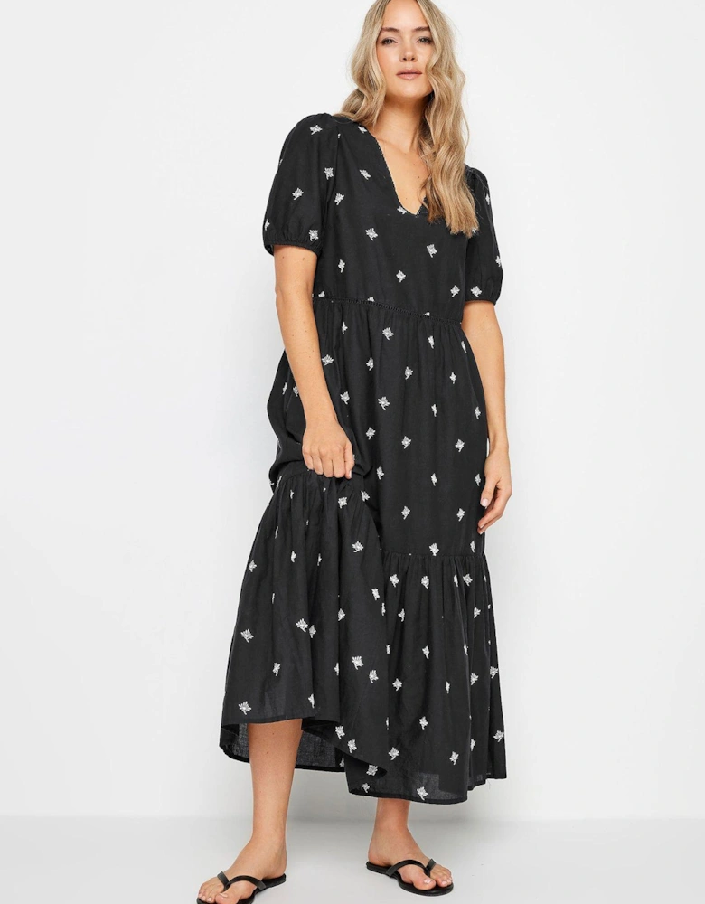 Tall Embroidered V Neck Tiered Dress - Black